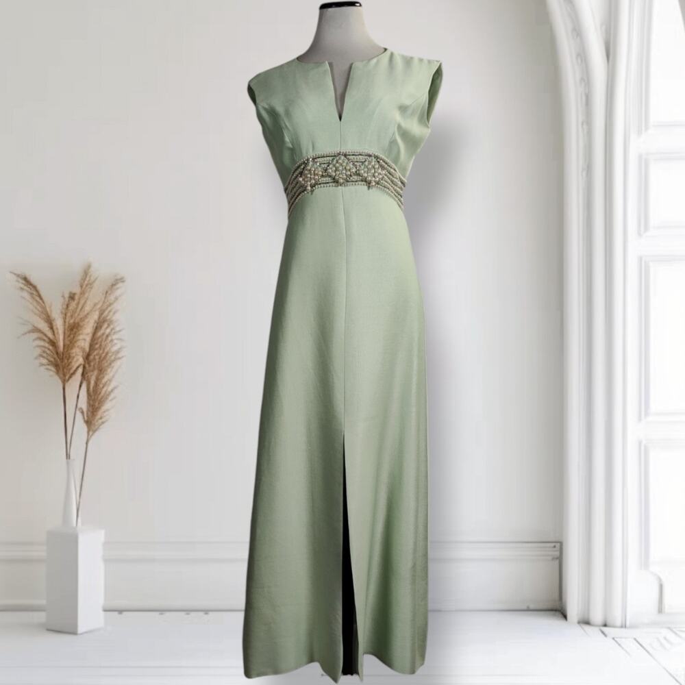 Vintage 70s Nardiello for Rona Maxi Dress S Mint Green Pearl Beaded Formal Gown